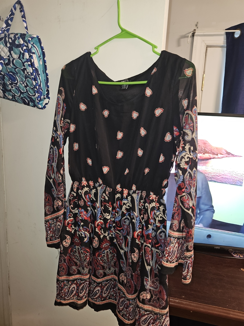 Rue21 Black Paisley Long-Sleeve Fit-and-Flare Dress
